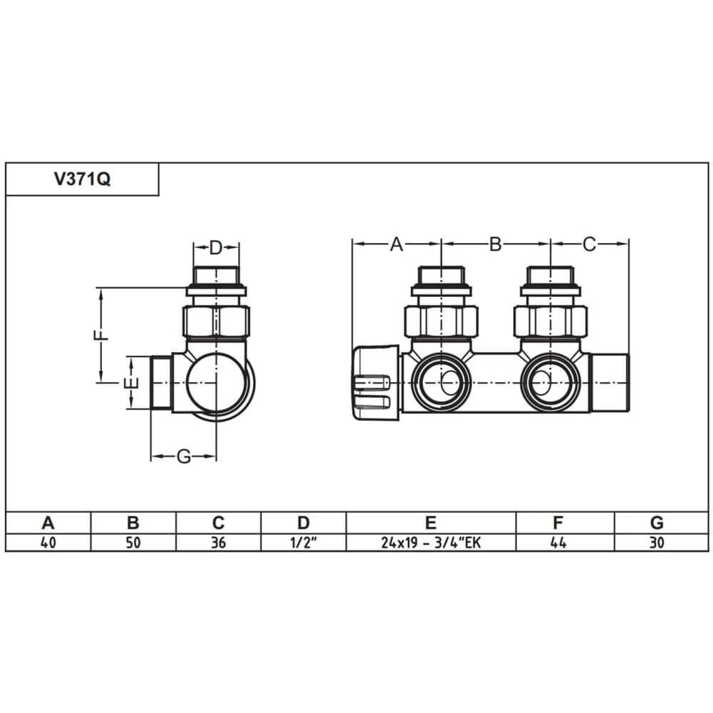 Вузол термостатичний кутовий Carlo Poletti TWIN THERMO 1/2 Зx3/4 EK 50 мм  - Фото 1